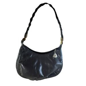 Vintage 80s Morris Moskowitz Gray Leather Shoulder Handbag Purse Gold Tone EUC